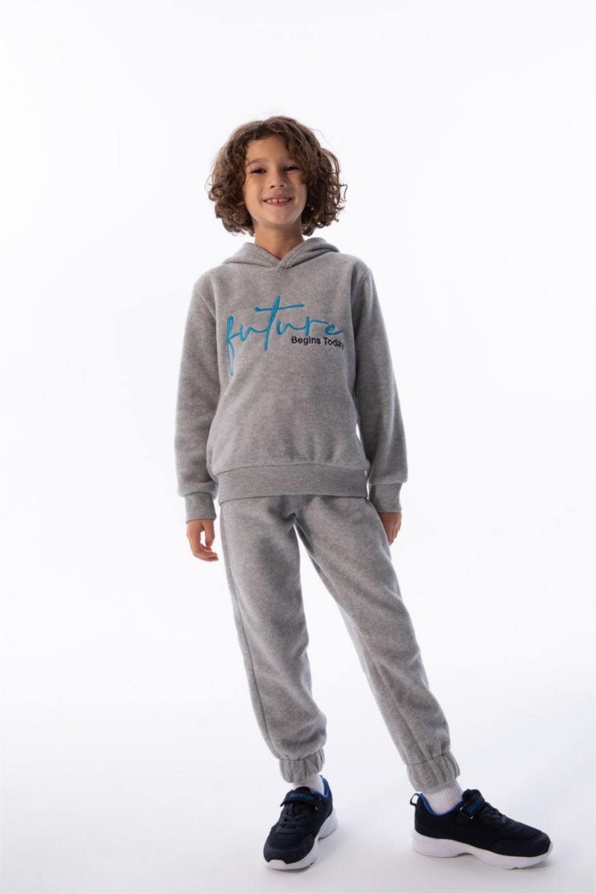 BOYS & TEENS Grey Melange Regular Fit Hooded Sweatshirt