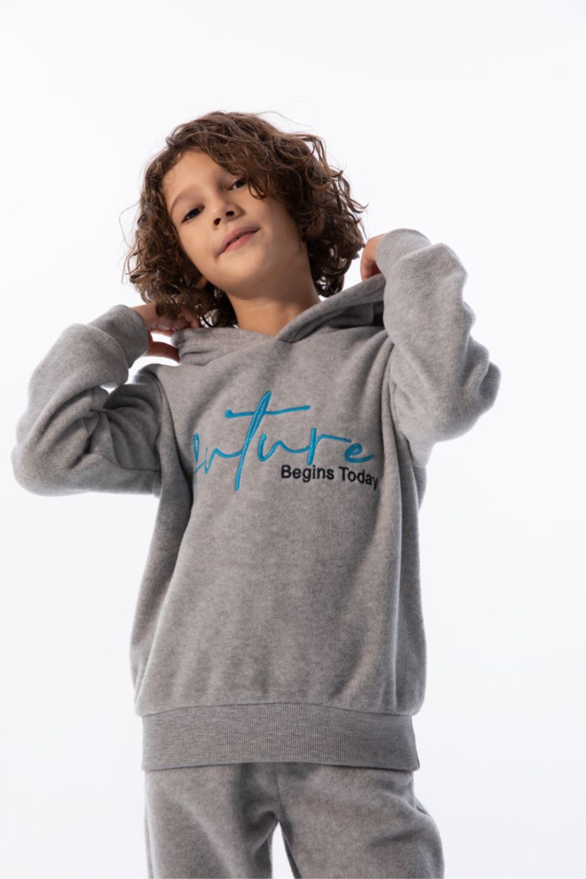 BOYS & TEENS Grey Melange Regular Fit Hooded Sweatshirt