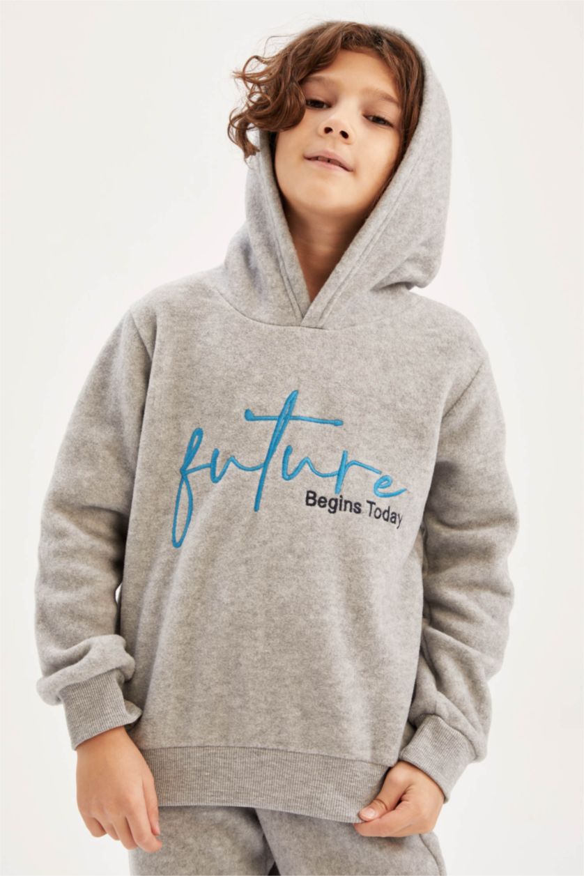 BOYS & TEENS Grey Melange Regular Fit Hooded Sweatshirt