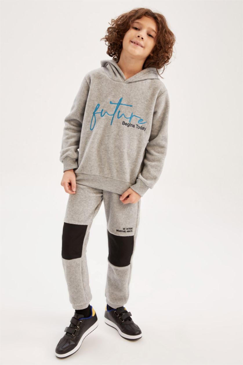 BOYS & TEENS Grey Melange Regular Fit Hooded Sweatshirt