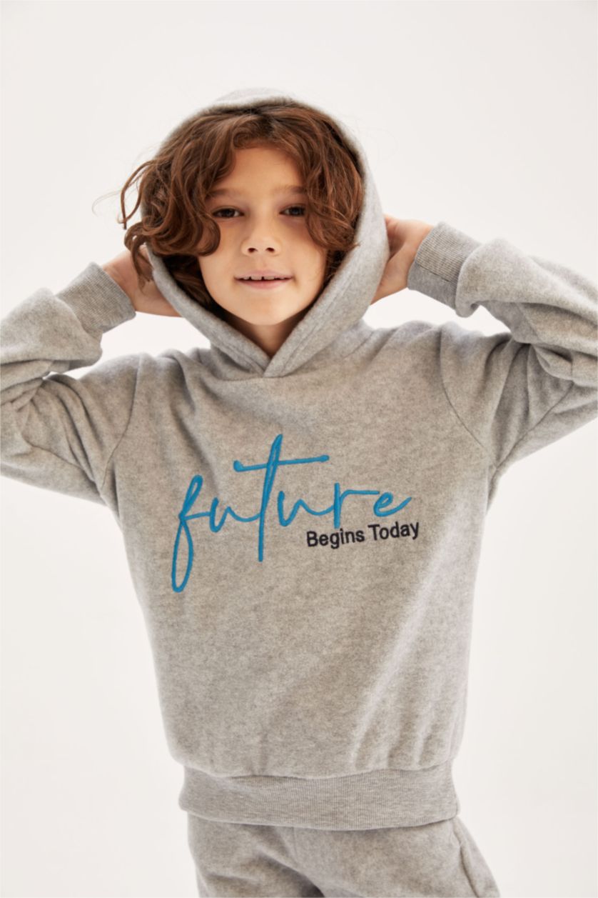 BOYS & TEENS Grey Melange Regular Fit Hooded Sweatshirt