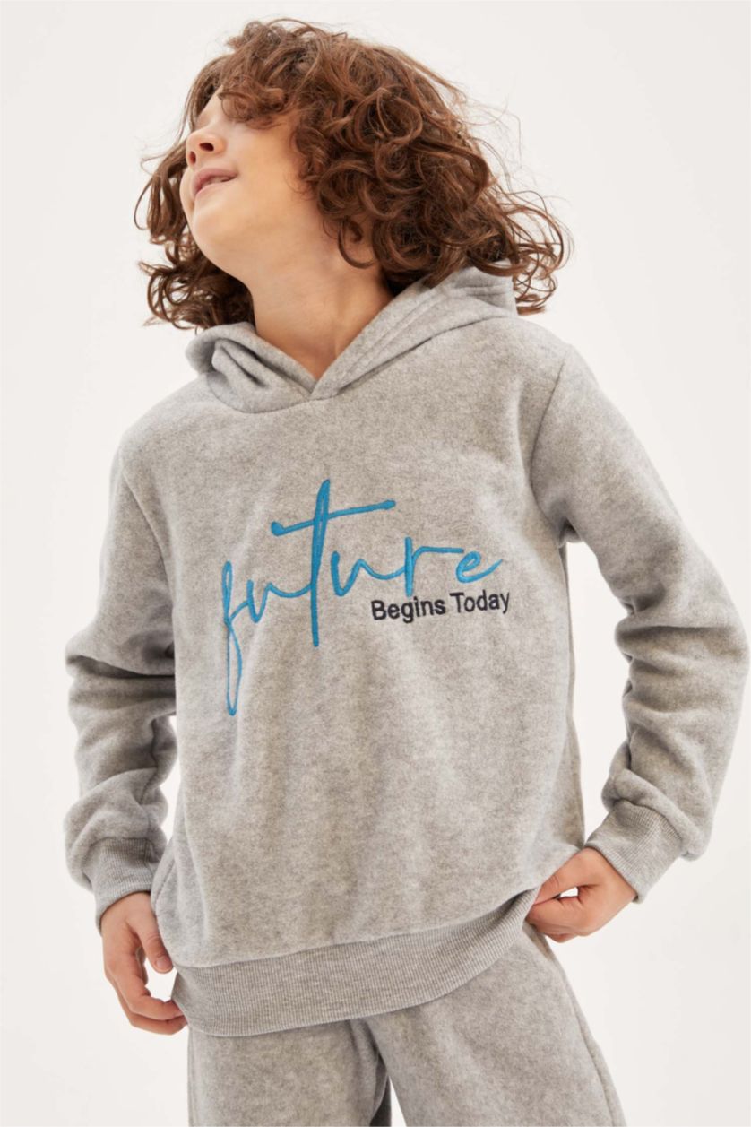 BOYS & TEENS Grey Melange Regular Fit Hooded Sweatshirt
