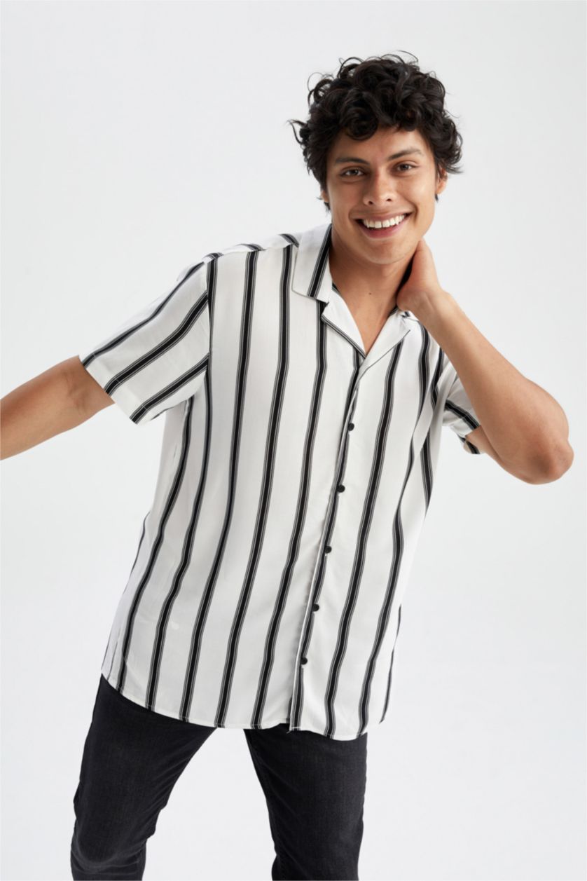 MAN Black Regular Fit Apache Neck Viscose Striped Short Sleeve Shirt
