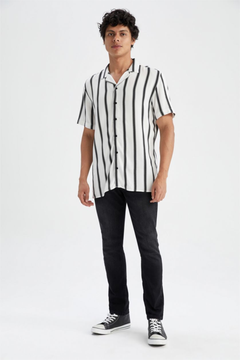 MAN Black Regular Fit Apache Neck Viscose Striped Short Sleeve Shirt