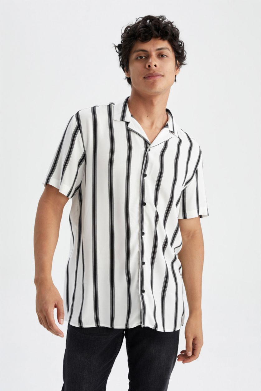 MAN Black Regular Fit Apache Neck Viscose Striped Short Sleeve Shirt