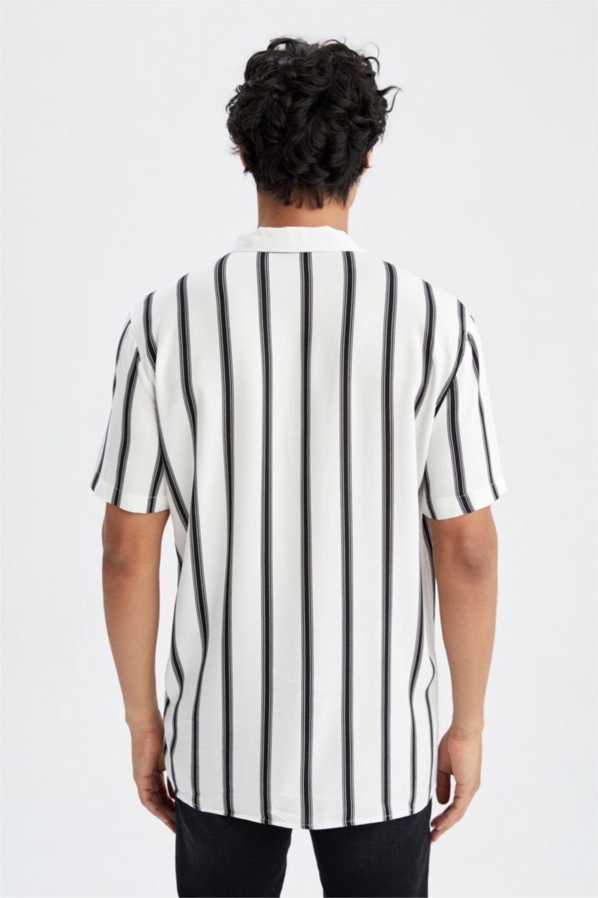 MAN Black Regular Fit Apache Neck Viscose Striped Short Sleeve Shirt