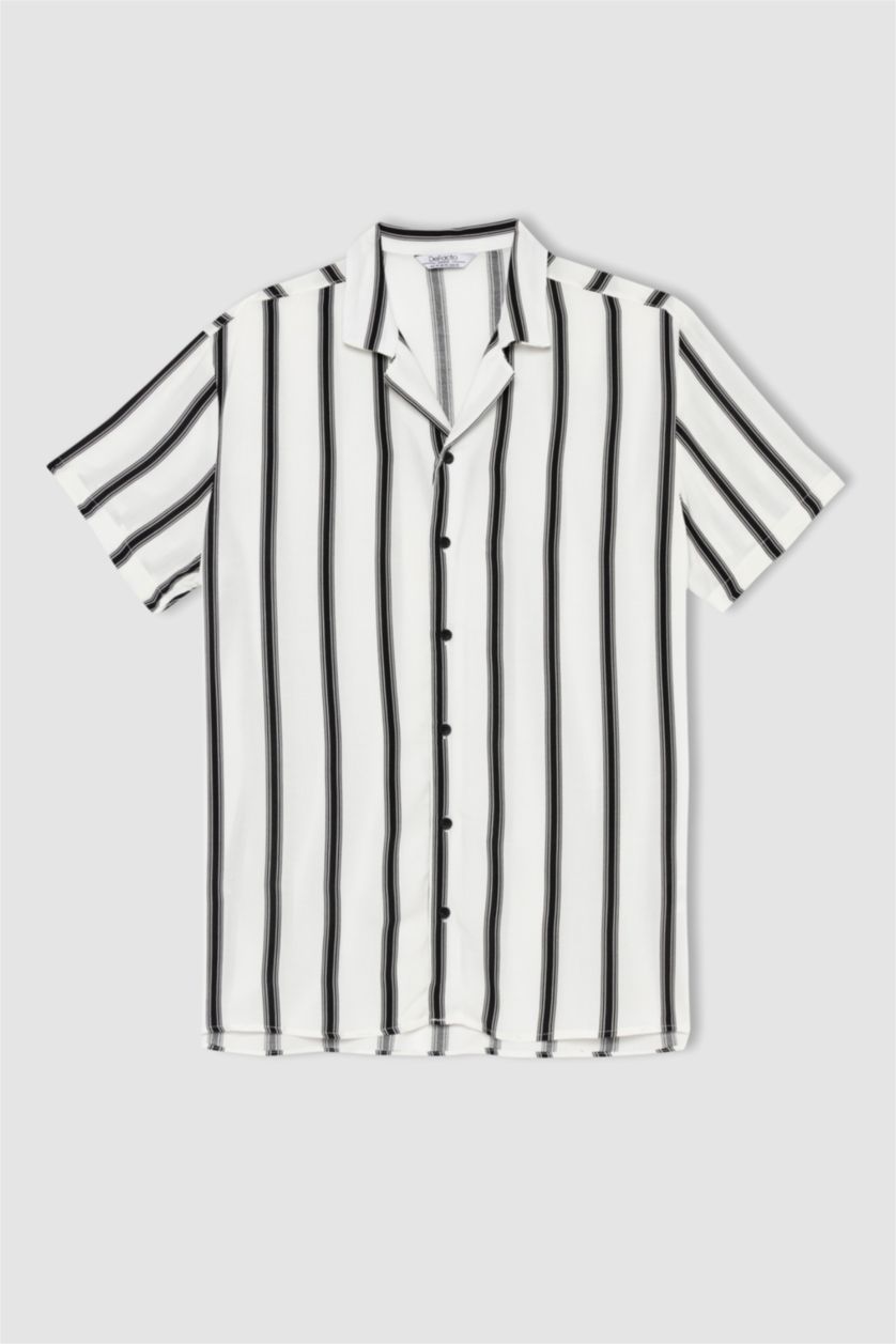 MAN Black Regular Fit Apache Neck Viscose Striped Short Sleeve Shirt