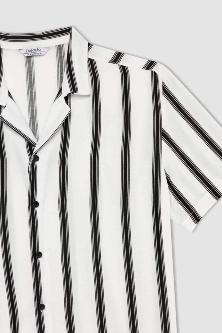 MAN Black Regular Fit Apache Neck Viscose Striped Short Sleeve Shirt