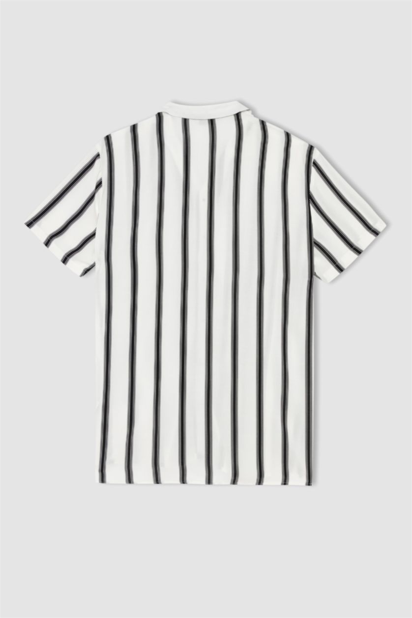 MAN Black Regular Fit Apache Neck Viscose Striped Short Sleeve Shirt