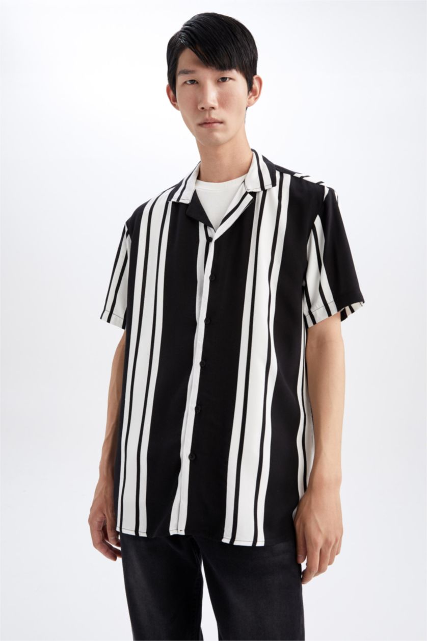 MAN Black Regular Fit Apache Neck Viscose Striped Short Sleeve Shirt