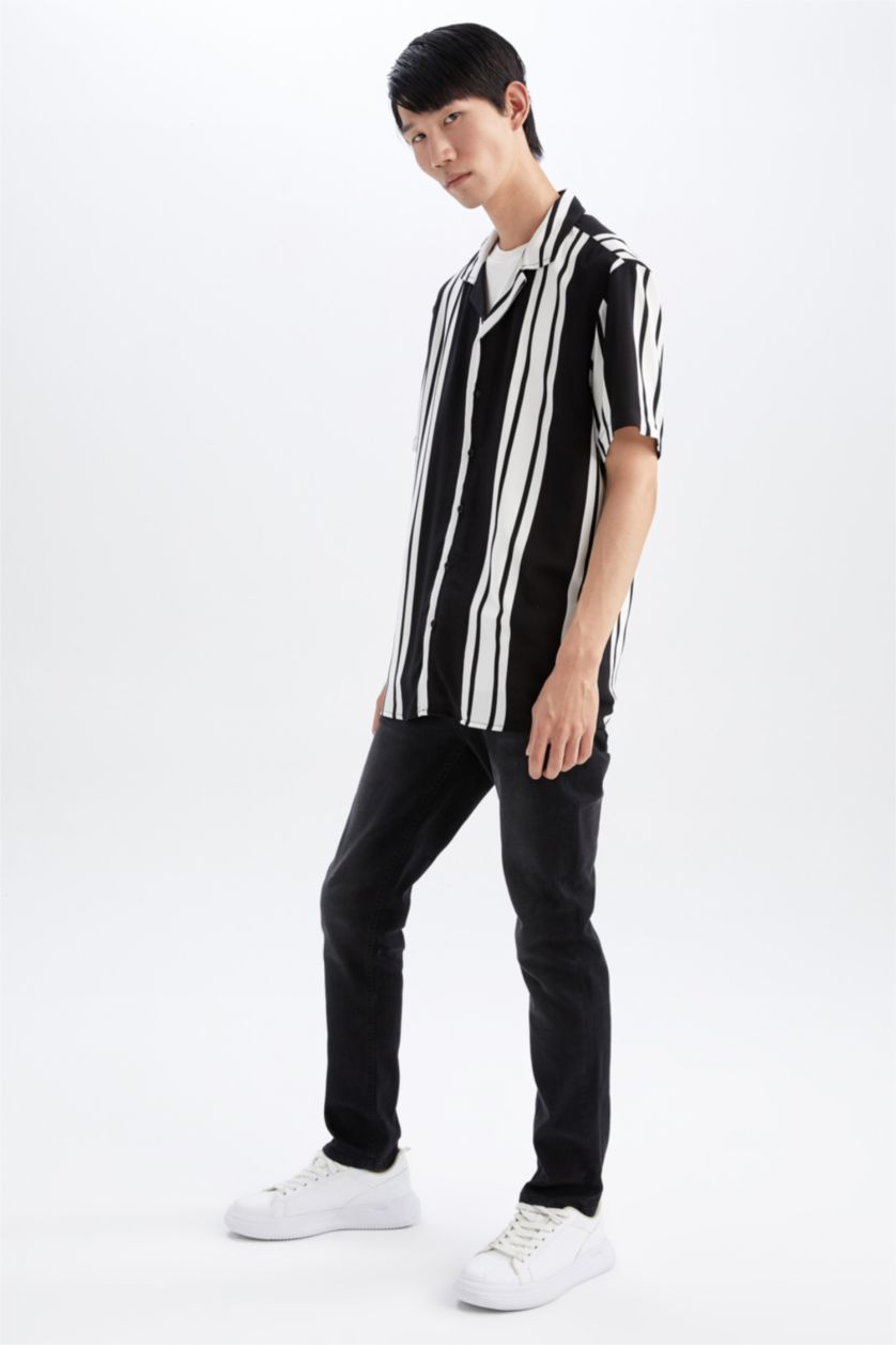 MAN Black Regular Fit Apache Neck Viscose Striped Short Sleeve Shirt