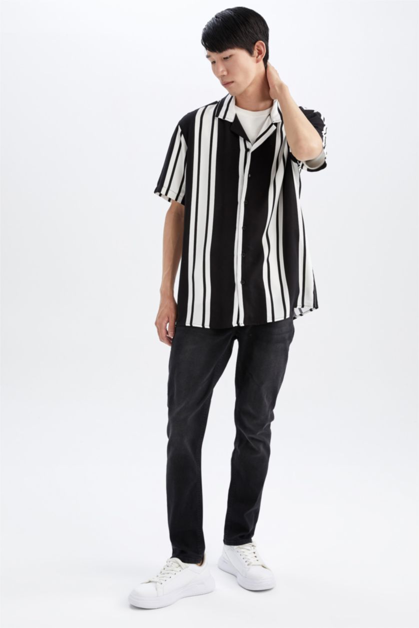MAN Black Regular Fit Apache Neck Viscose Striped Short Sleeve Shirt