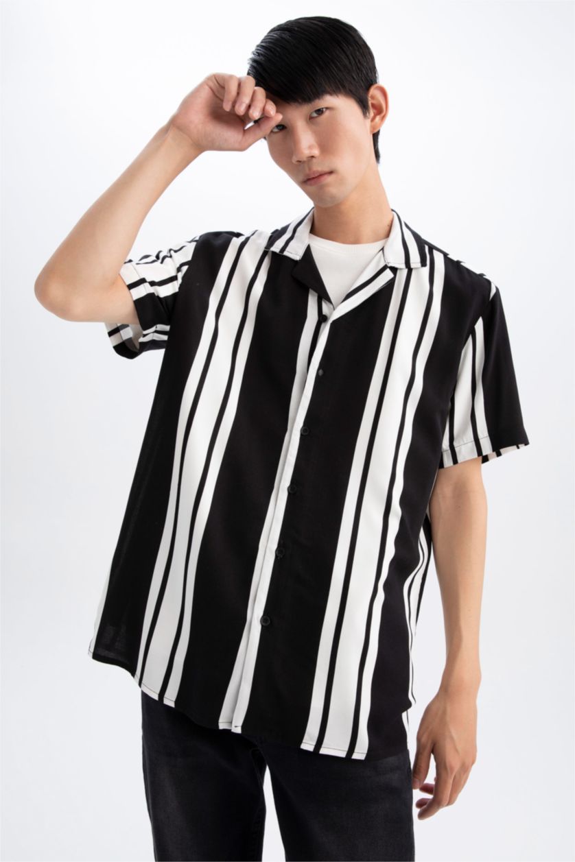 MAN Black Regular Fit Apache Neck Viscose Striped Short Sleeve Shirt