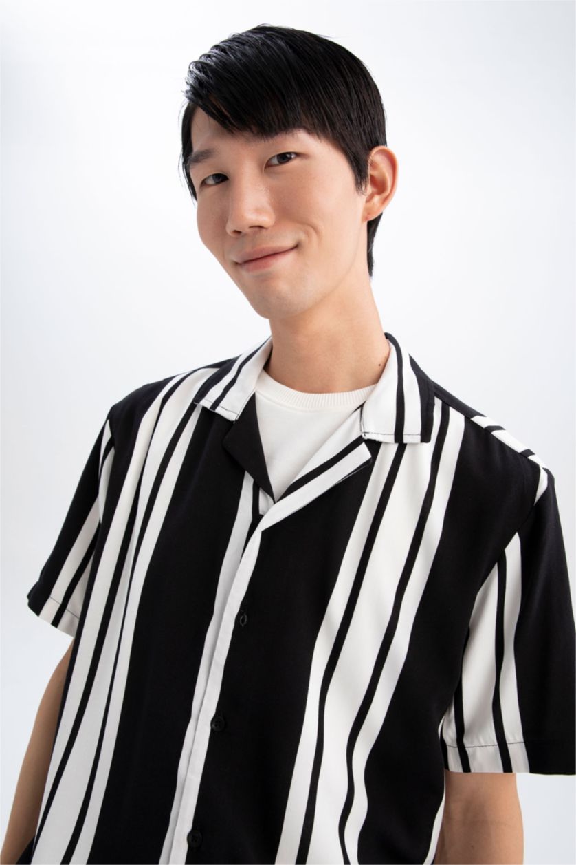 MAN Black Regular Fit Apache Neck Viscose Striped Short Sleeve Shirt