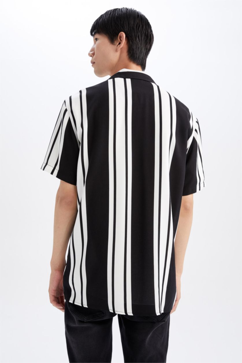 MAN Black Regular Fit Apache Neck Viscose Striped Short Sleeve Shirt