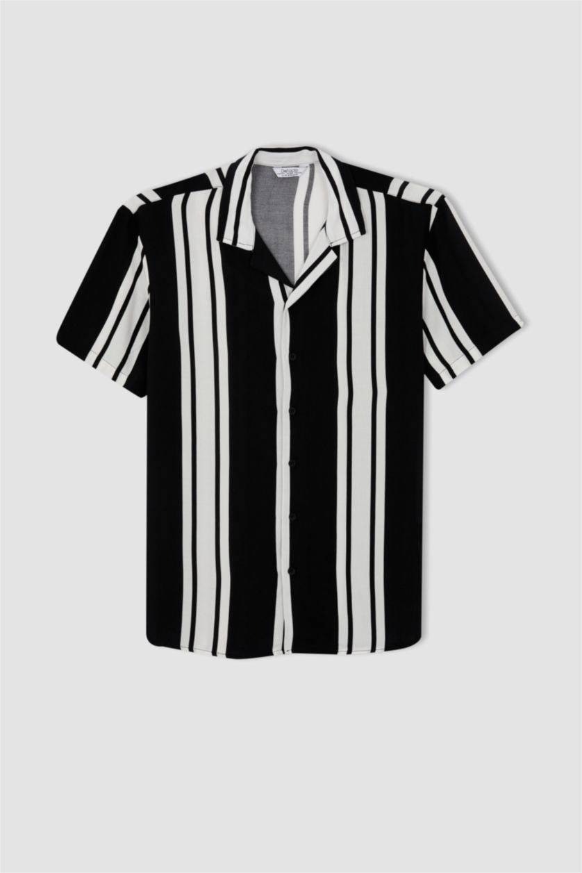 MAN Black Regular Fit Apache Neck Viscose Striped Short Sleeve Shirt