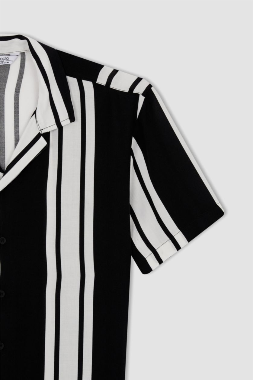 MAN Black Regular Fit Apache Neck Viscose Striped Short Sleeve Shirt