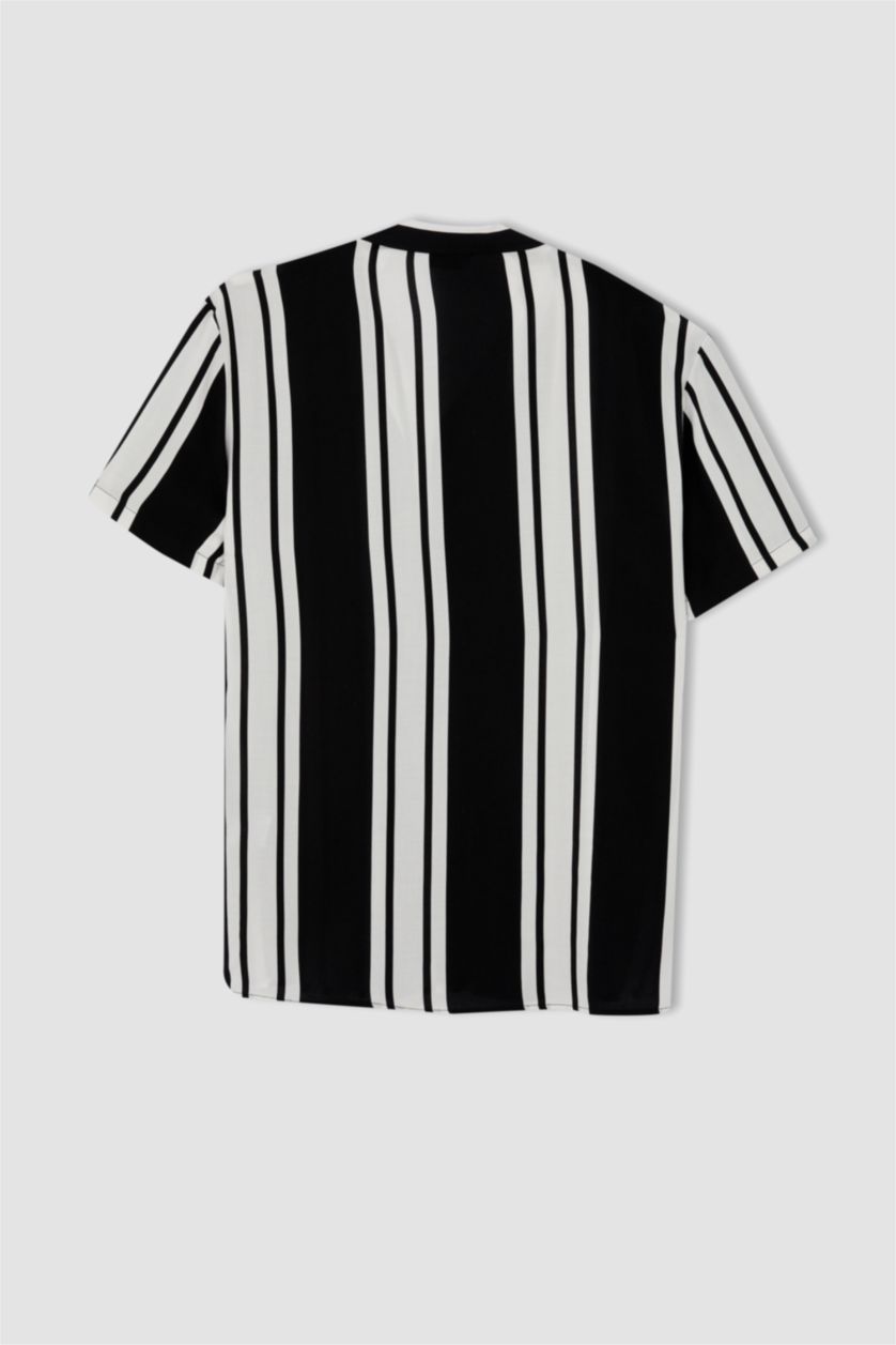 MAN Black Regular Fit Apache Neck Viscose Striped Short Sleeve Shirt