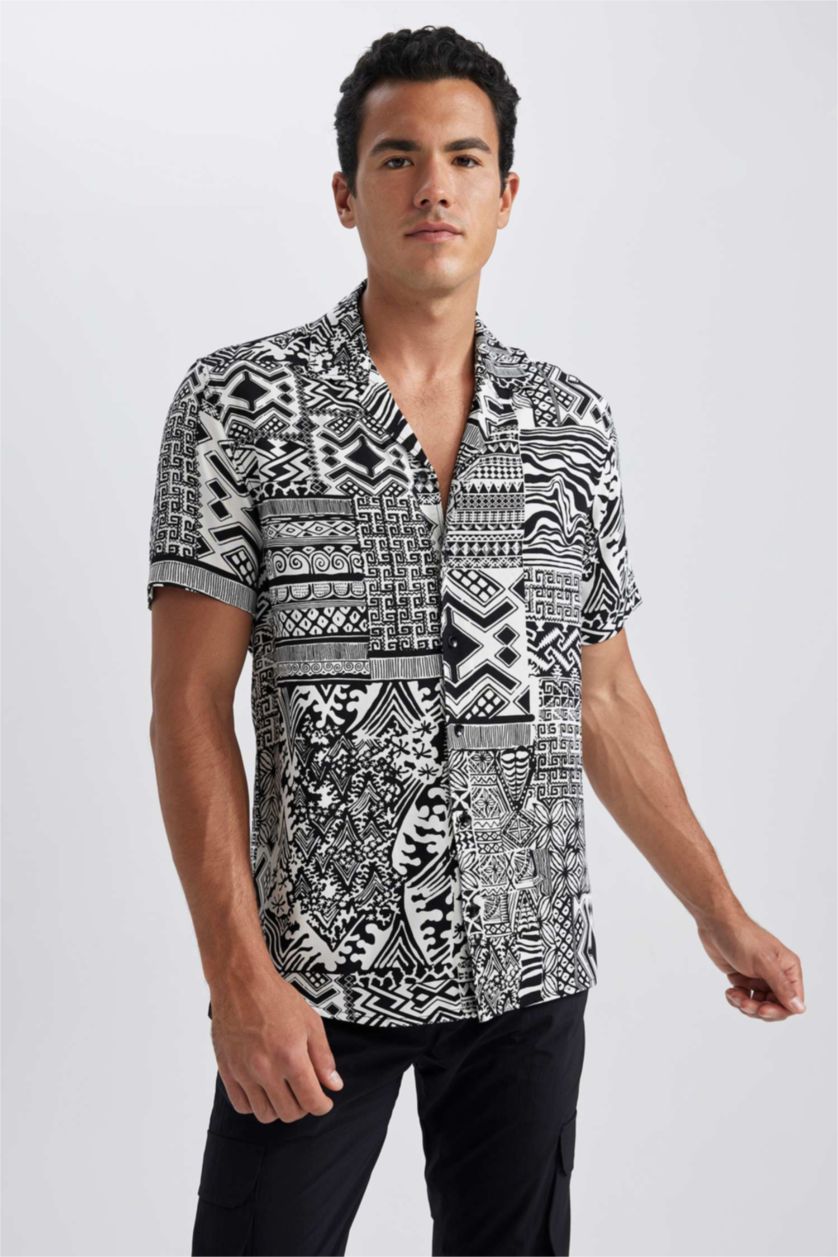 MAN Black Regular Fit Viscose Short Sleeve Shirt