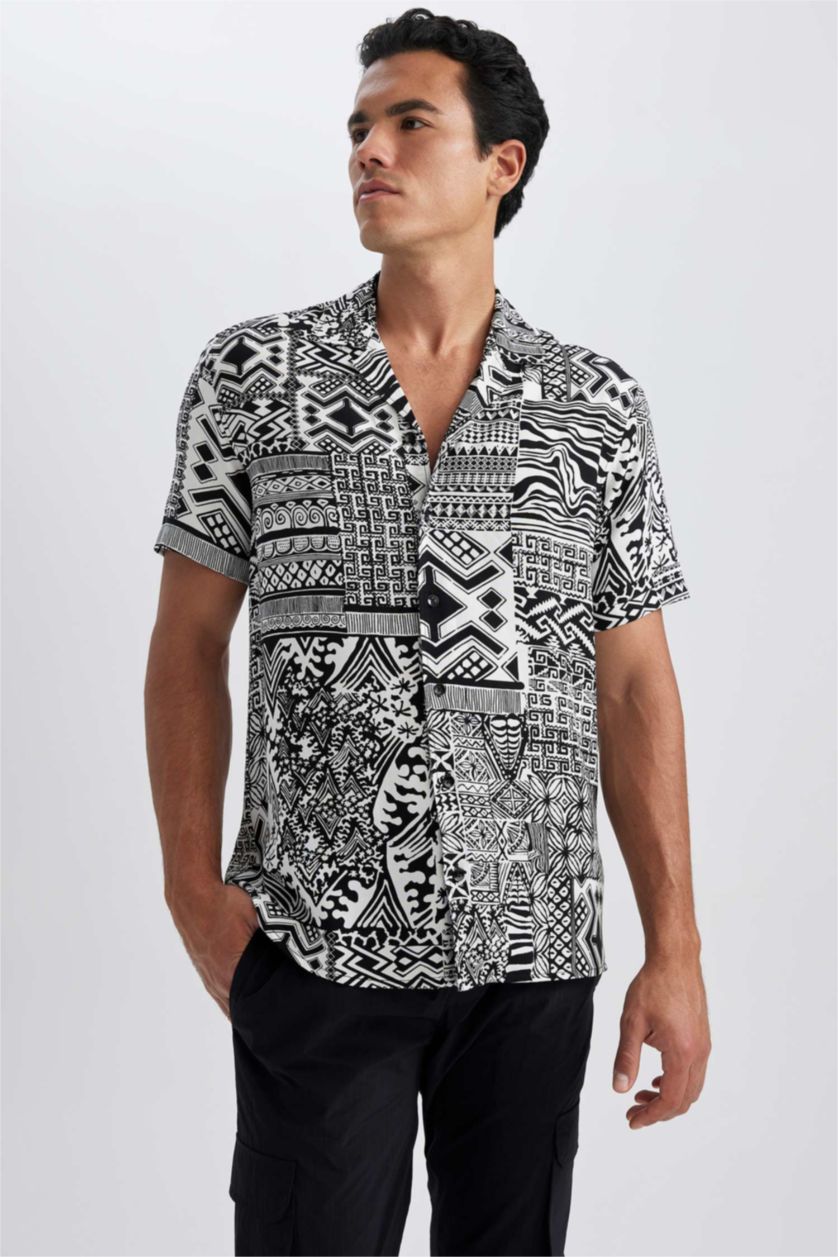 MAN Black Regular Fit Viscose Short Sleeve Shirt