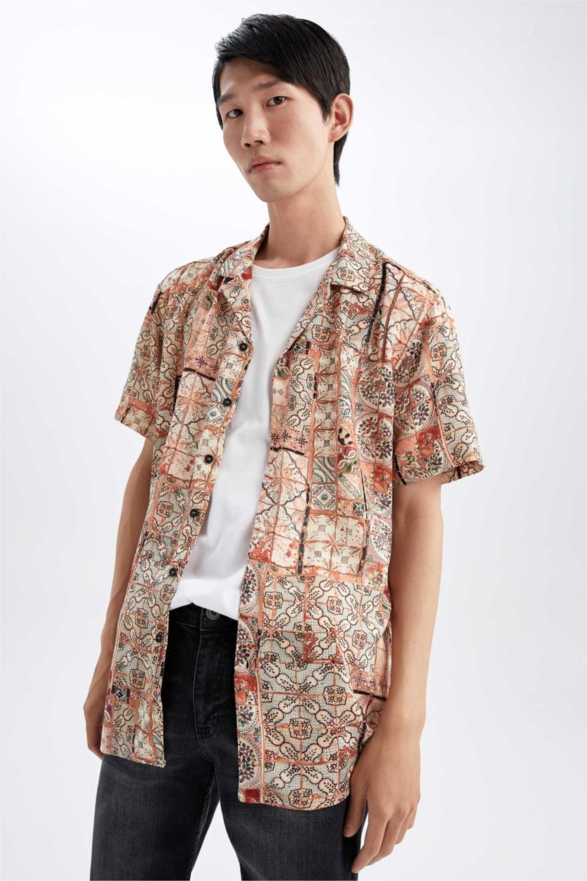 MAN Beige Regular Fit Resort Collar Printed Viscose Shirt