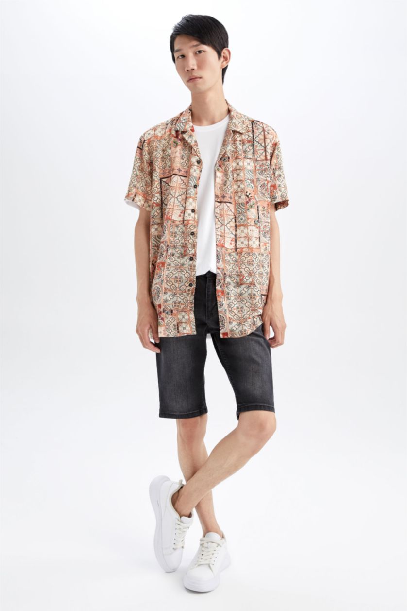MAN Beige Regular Fit Resort Collar Printed Viscose Shirt