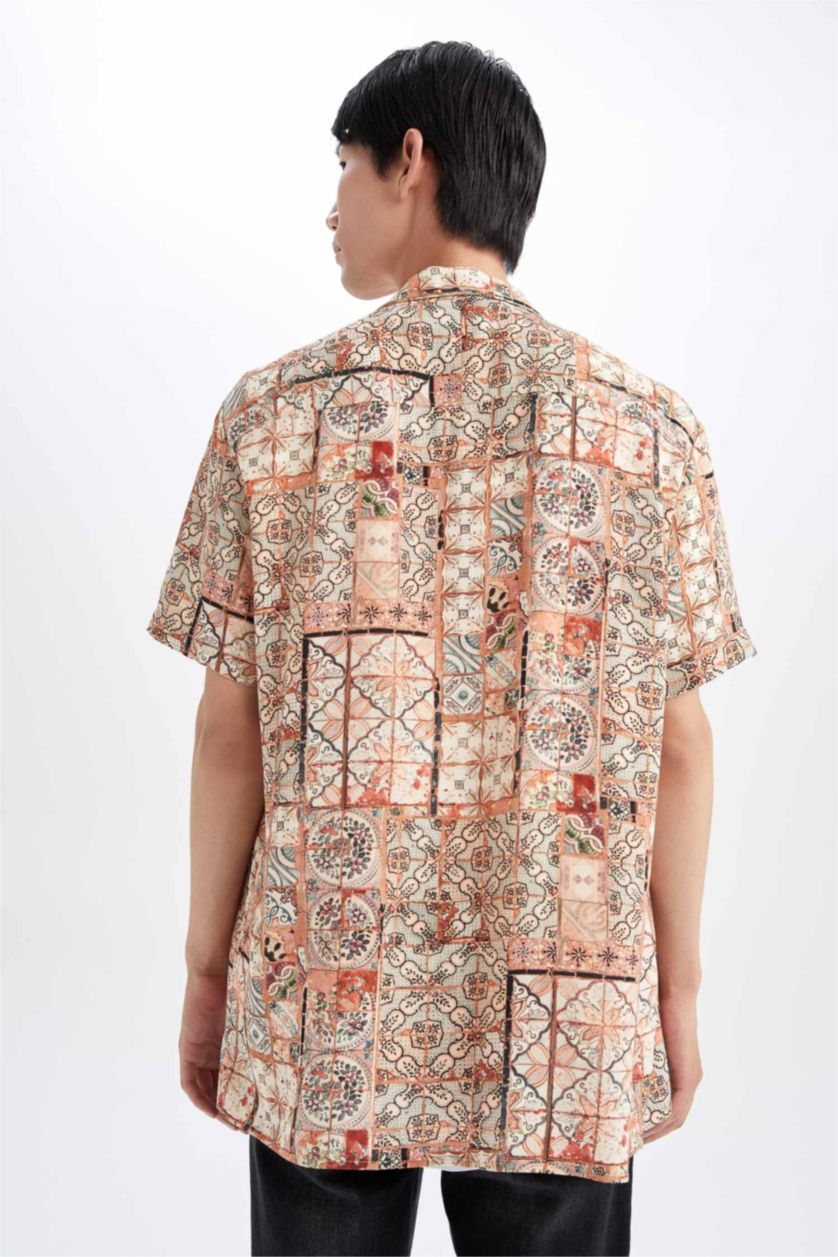 MAN Beige Regular Fit Resort Collar Printed Viscose Shirt