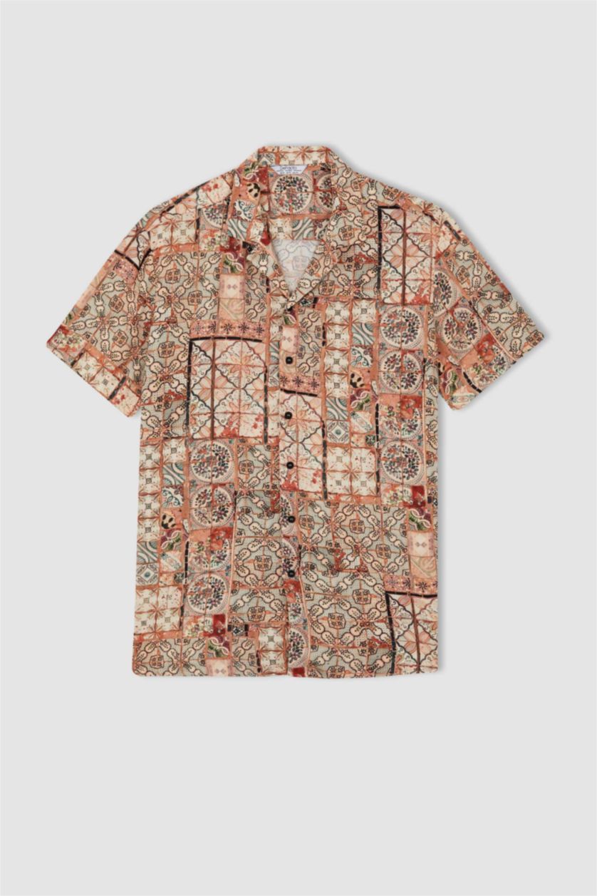 MAN Beige Regular Fit Resort Collar Printed Viscose Shirt