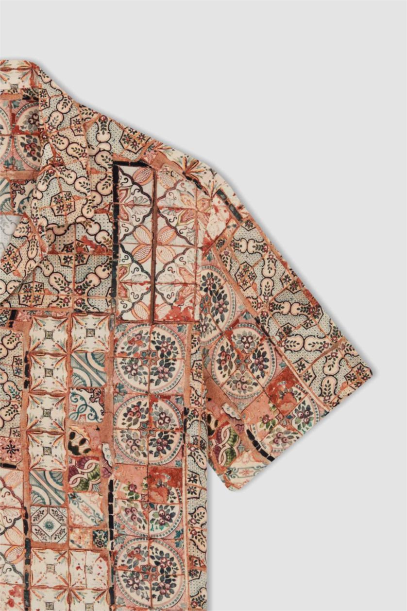 MAN Beige Regular Fit Resort Collar Printed Viscose Shirt