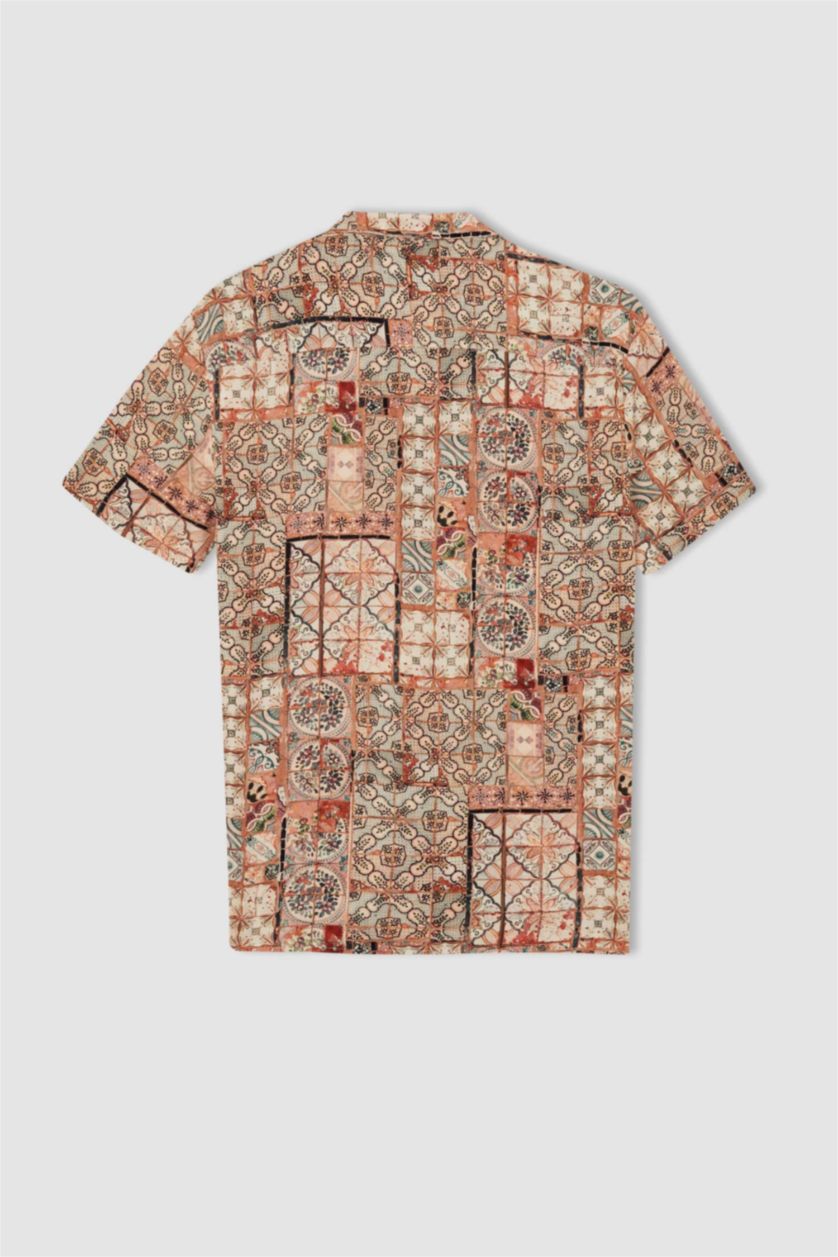 MAN Beige Regular Fit Resort Collar Printed Viscose Shirt