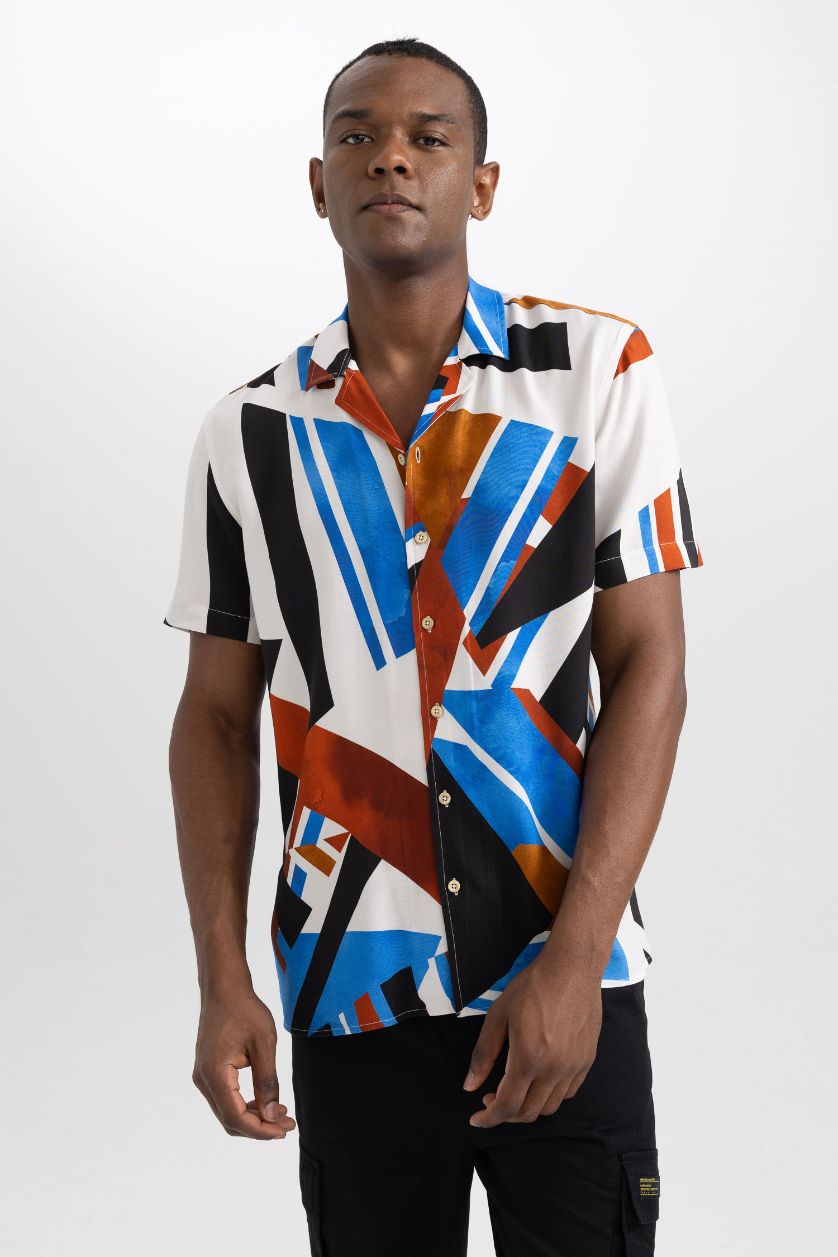 Man Bordeaux Regular Fit Apache Neck Viscose Printed Short Sleeve Shirt