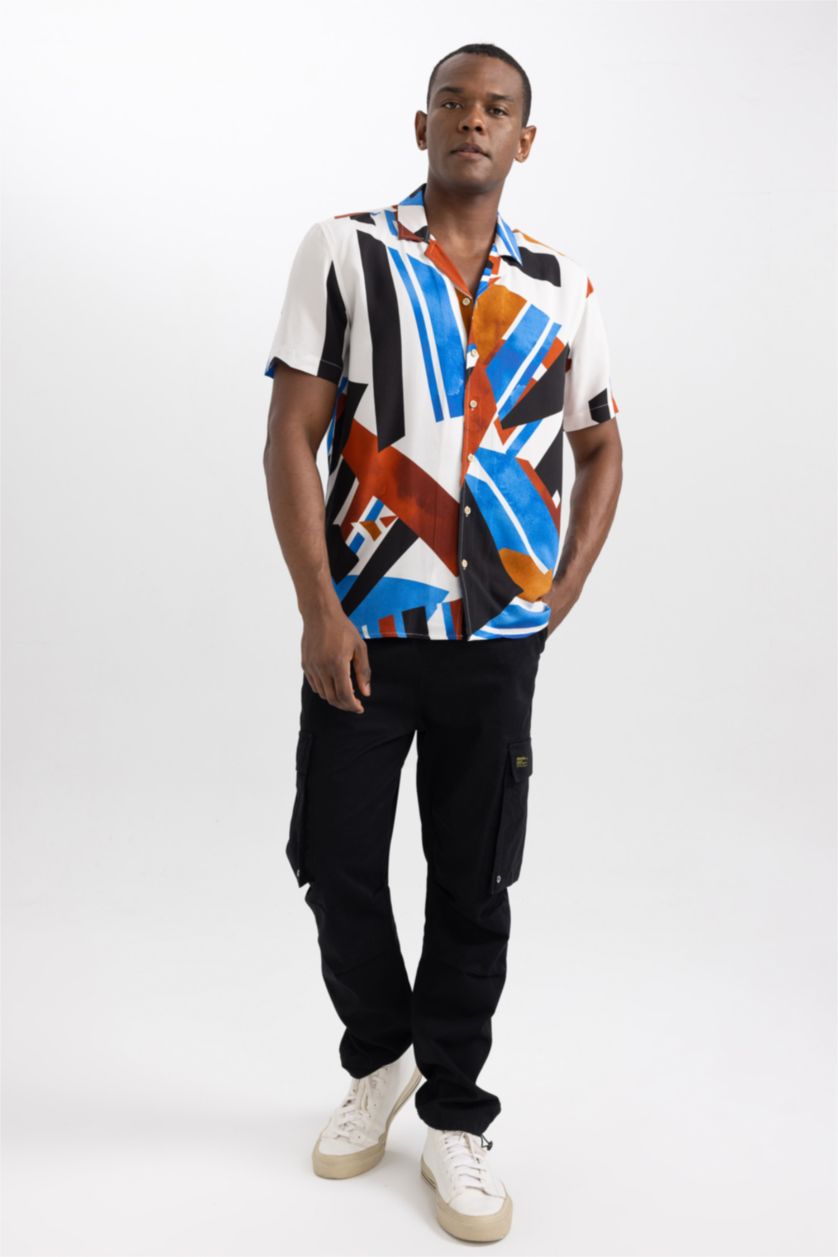 Man Bordeaux Regular Fit Apache Neck Viscose Printed Short Sleeve Shirt