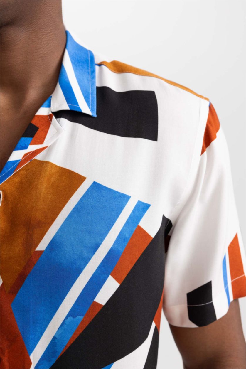 Man Bordeaux Regular Fit Apache Neck Viscose Printed Short Sleeve Shirt