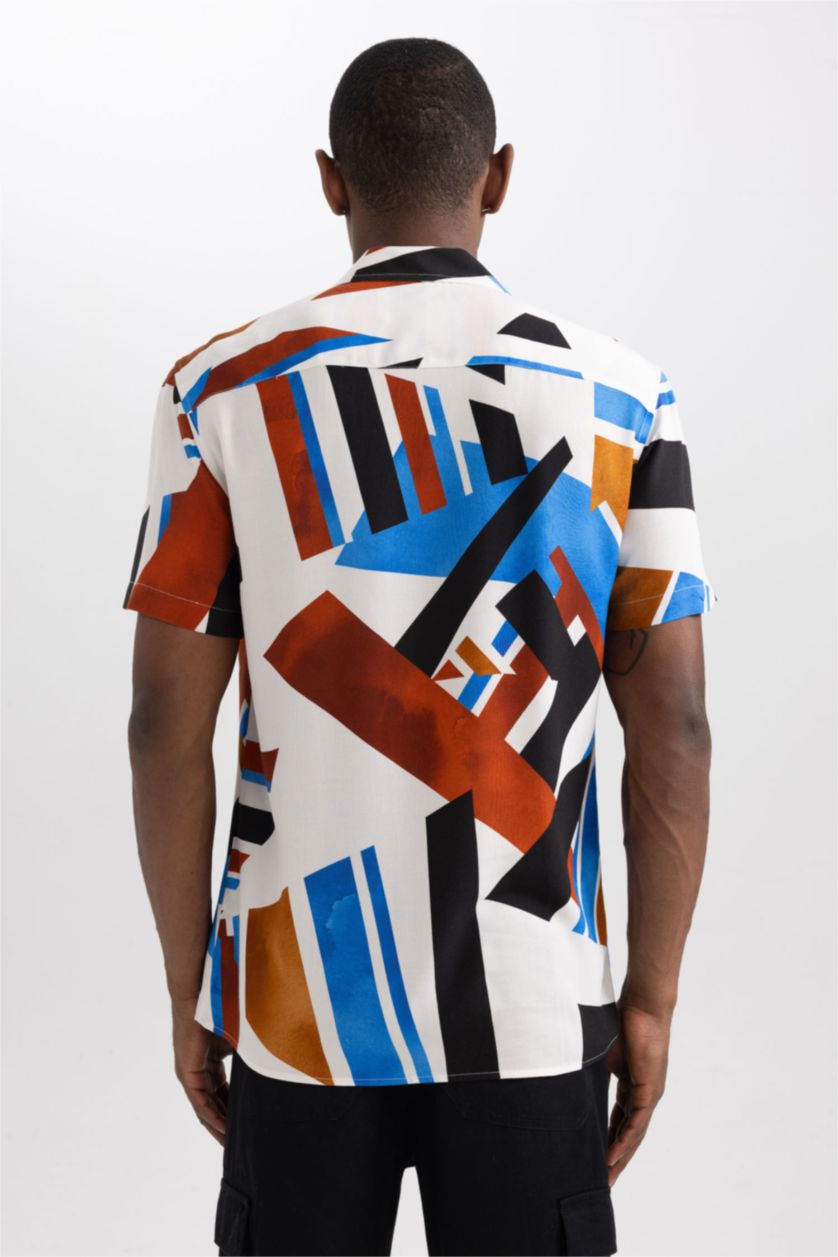 Man Bordeaux Regular Fit Apache Neck Viscose Printed Short Sleeve Shirt