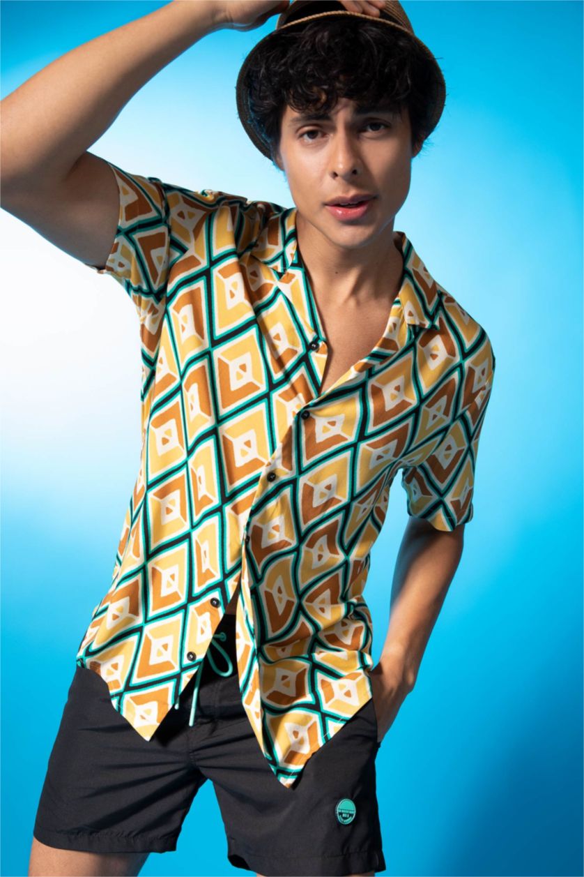 رجالي أصفر قميص بأكمام قصيرة فيسكون مطبوع بقصة عادية ياقة جاكيت