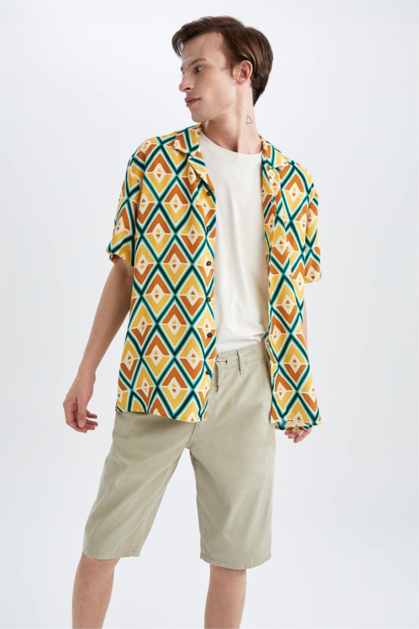 رجالي أصفر قميص بأكمام قصيرة فيسكون مطبوع بقصة عادية ياقة جاكيت