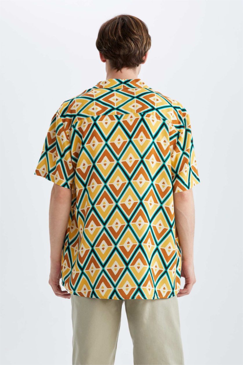 رجالي أصفر قميص بأكمام قصيرة فيسكون مطبوع بقصة عادية ياقة جاكيت