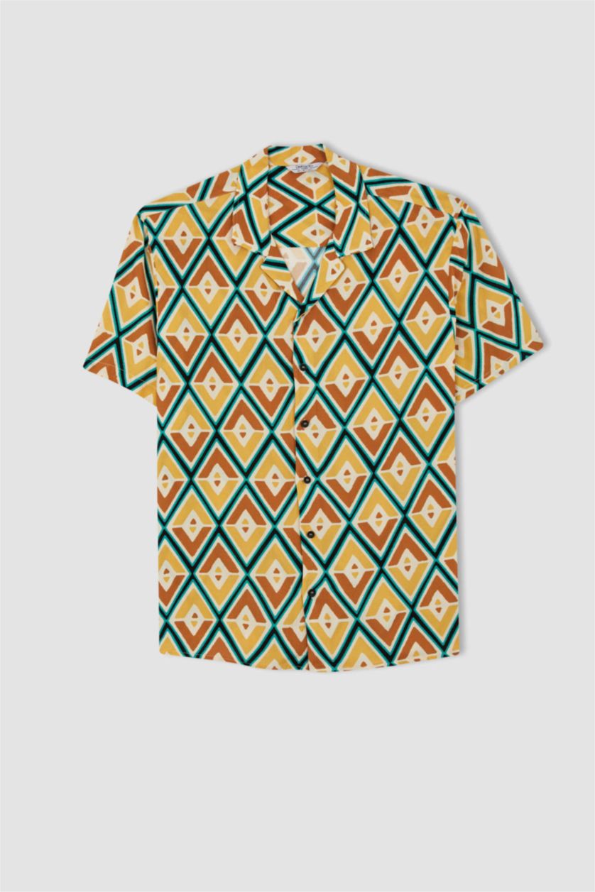 رجالي أصفر قميص بأكمام قصيرة فيسكون مطبوع بقصة عادية ياقة جاكيت