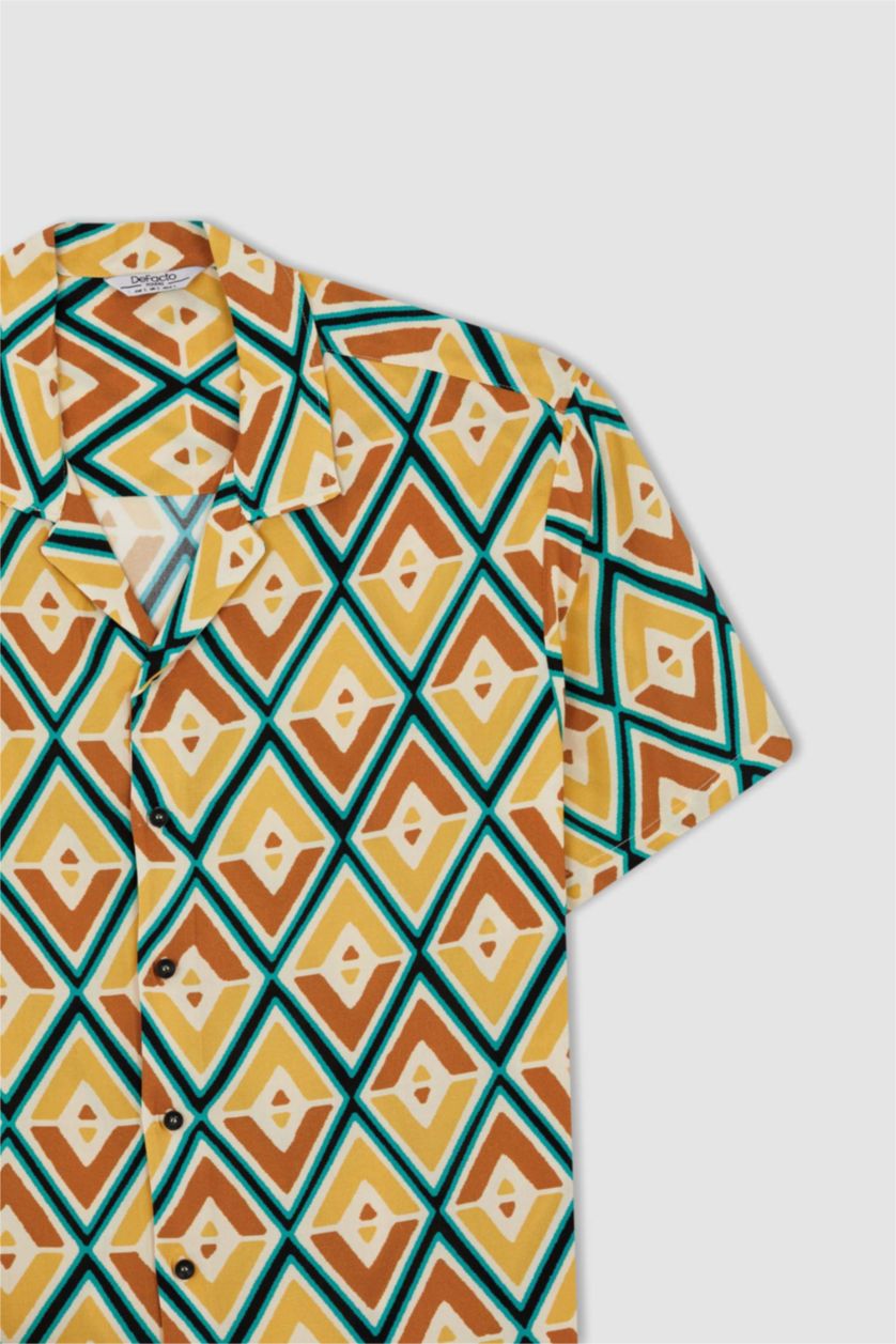 رجالي أصفر قميص بأكمام قصيرة فيسكون مطبوع بقصة عادية ياقة جاكيت