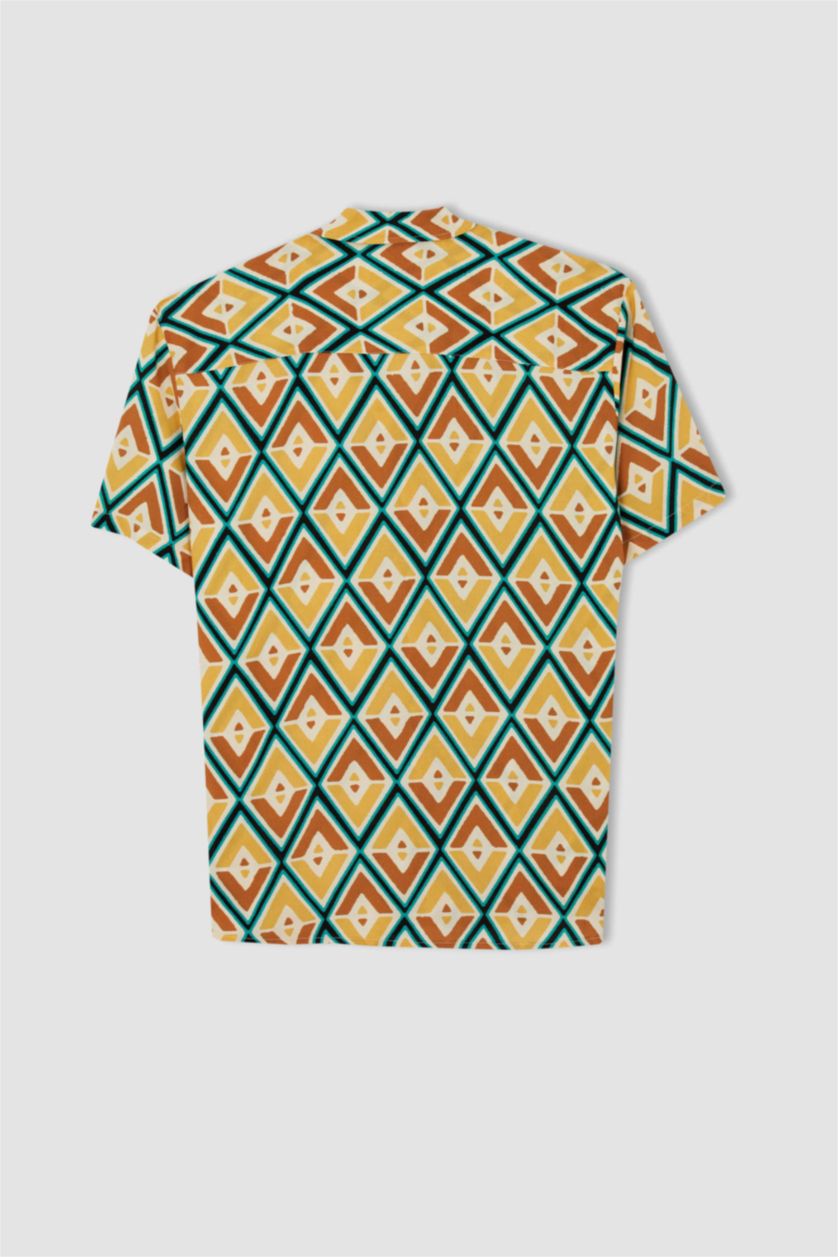 رجالي أصفر قميص بأكمام قصيرة فيسكون مطبوع بقصة عادية ياقة جاكيت