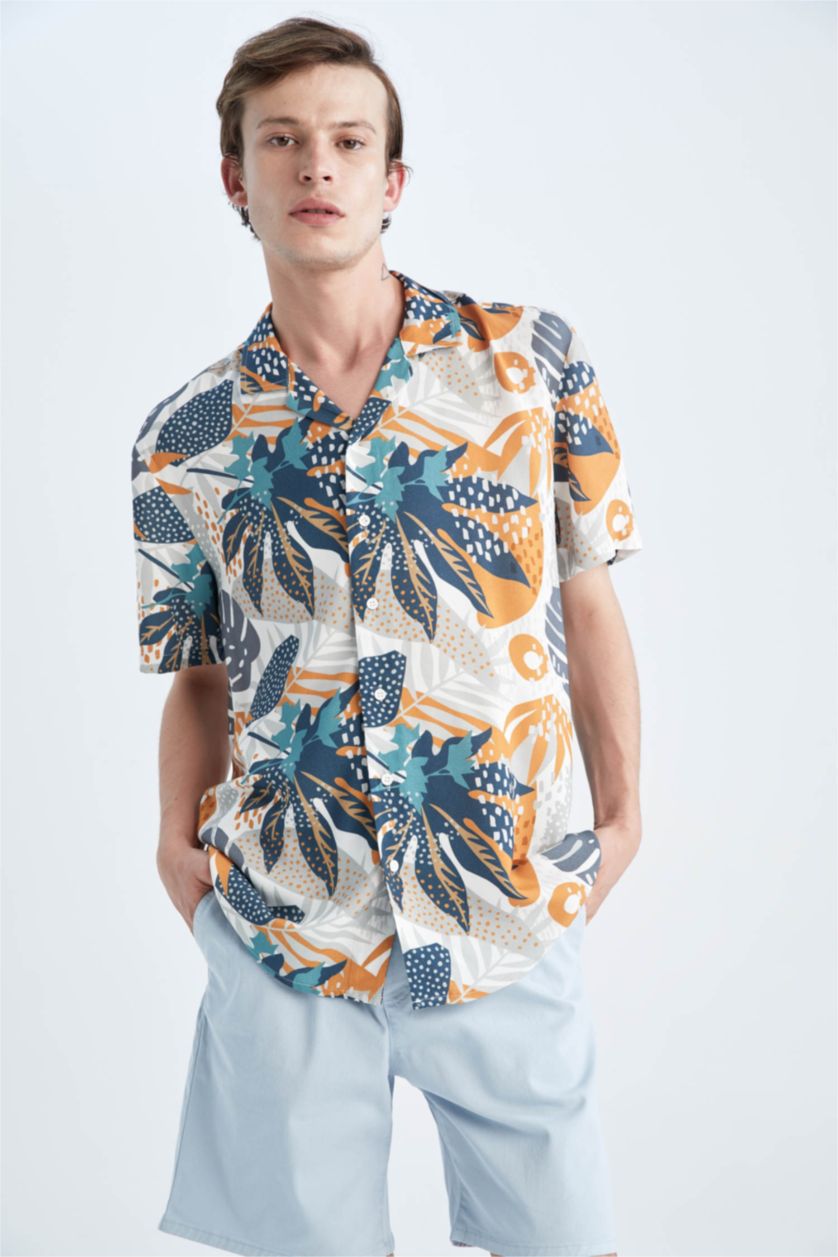 MAN Ecru Regular Fit Apache Neck Viscose Printed Short Sleeve Shirt