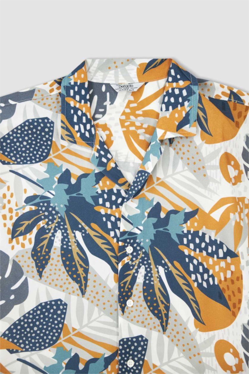 MAN Ecru Regular Fit Apache Neck Viscose Printed Short Sleeve Shirt