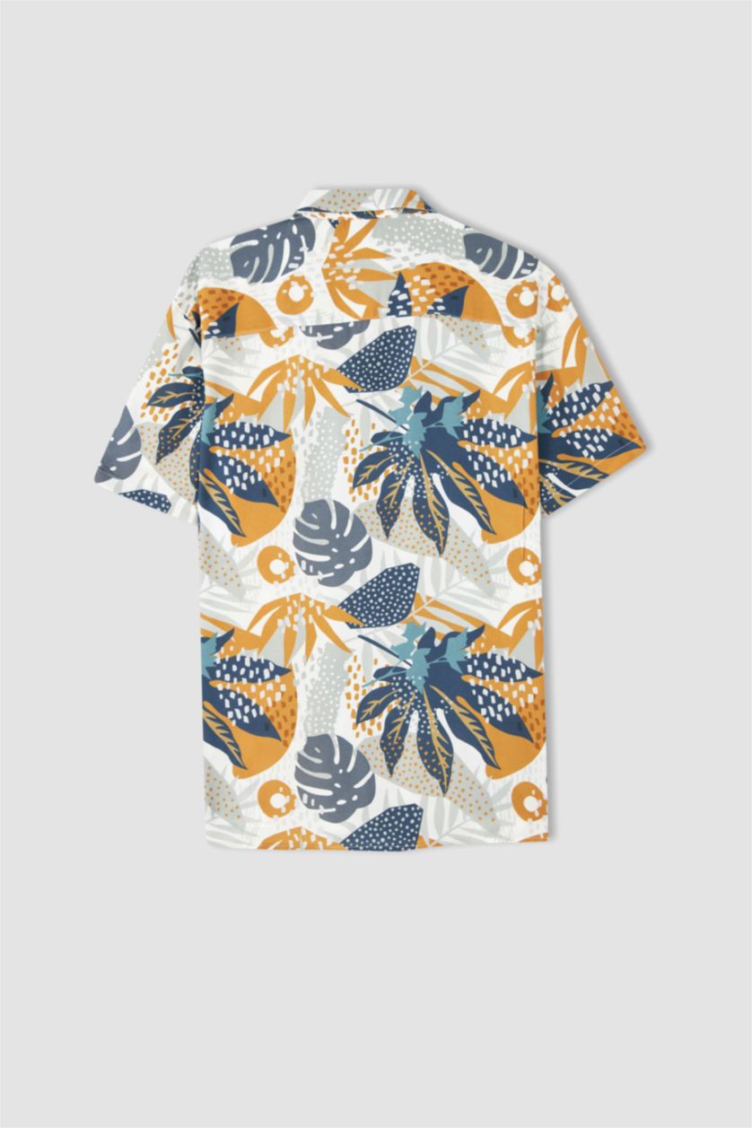 MAN Ecru Regular Fit Apache Neck Viscose Printed Short Sleeve Shirt