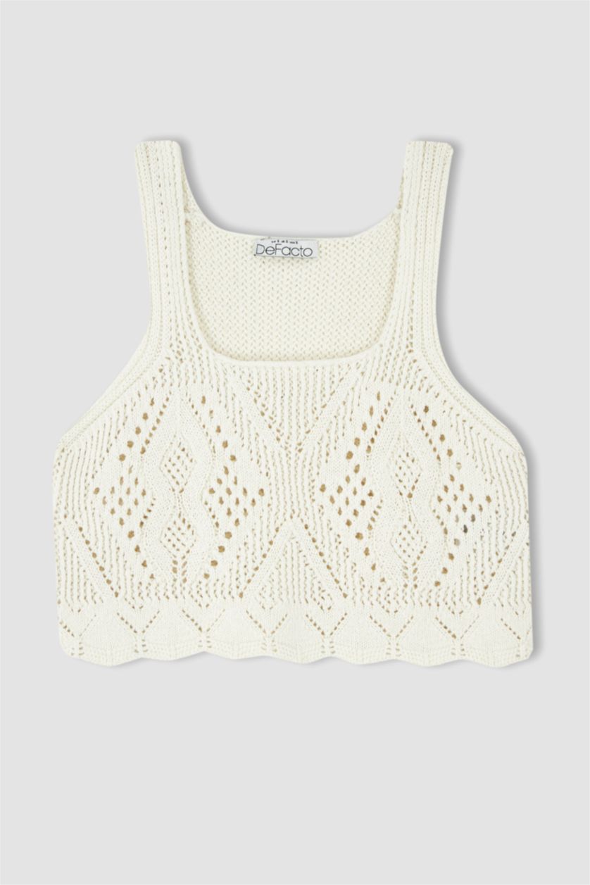 FEMME Écru Slim Fit Col Carré Tricoté Détaillé Crochet Crop Knitwear Singlet