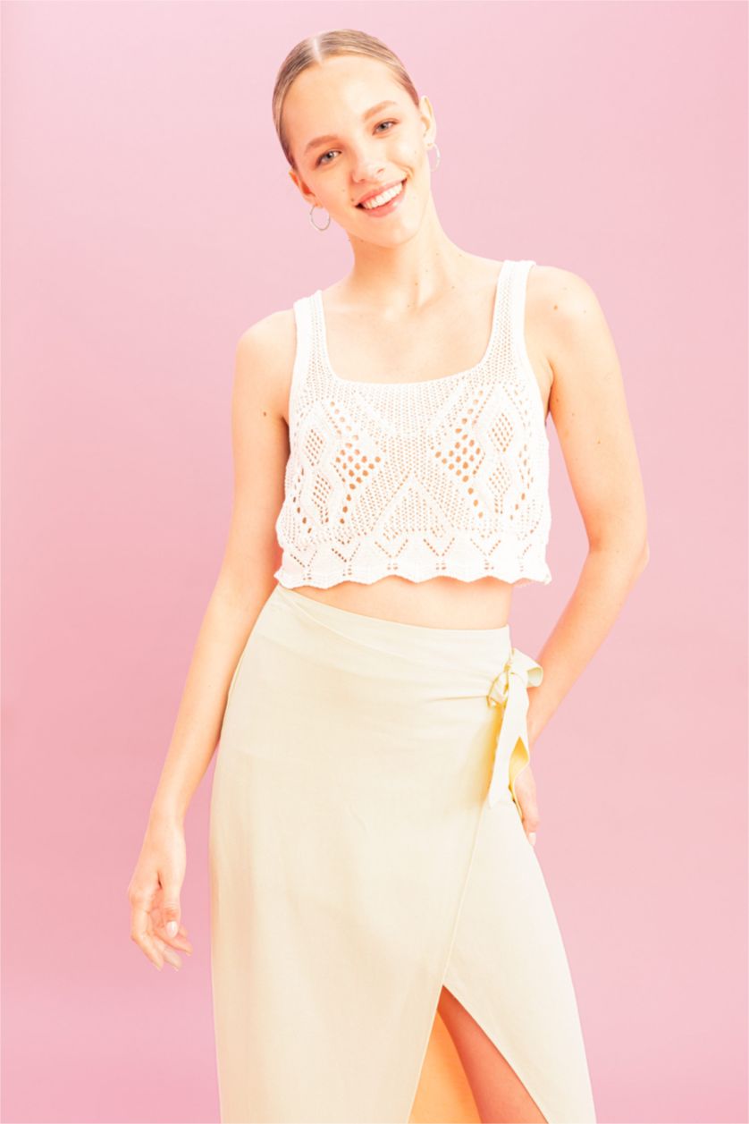 FEMME Écru Débardeur Crop Top en crochet à col rond