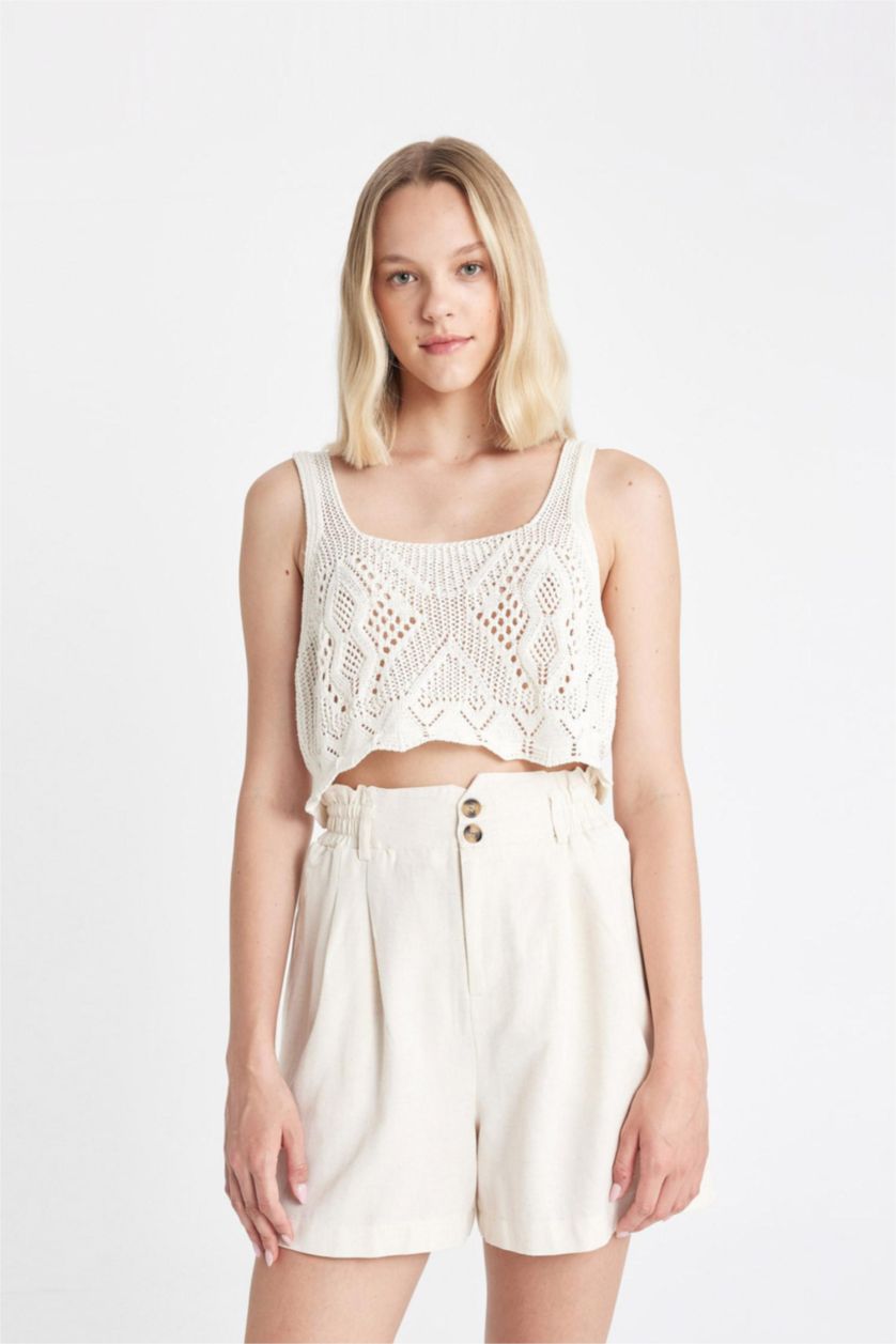 FEMME Écru Débardeur Crop Top en crochet à col rond