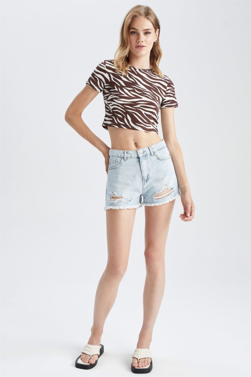 WOMAN Brown Slim Fit Crew Neck Zebra Patterned Short Sleeve Crop T-Shirt