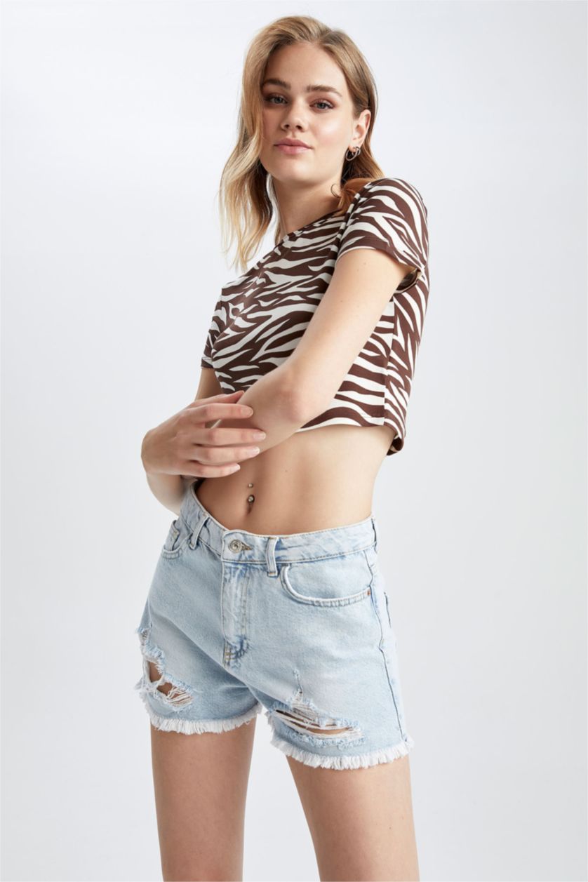 WOMAN Brown Slim Fit Crew Neck Zebra Patterned Short Sleeve Crop T-Shirt