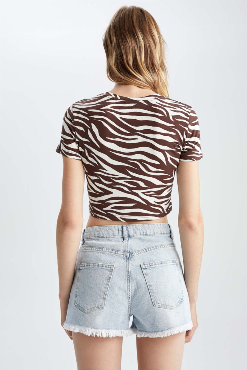 WOMAN Brown Slim Fit Crew Neck Zebra Patterned Short Sleeve Crop T-Shirt