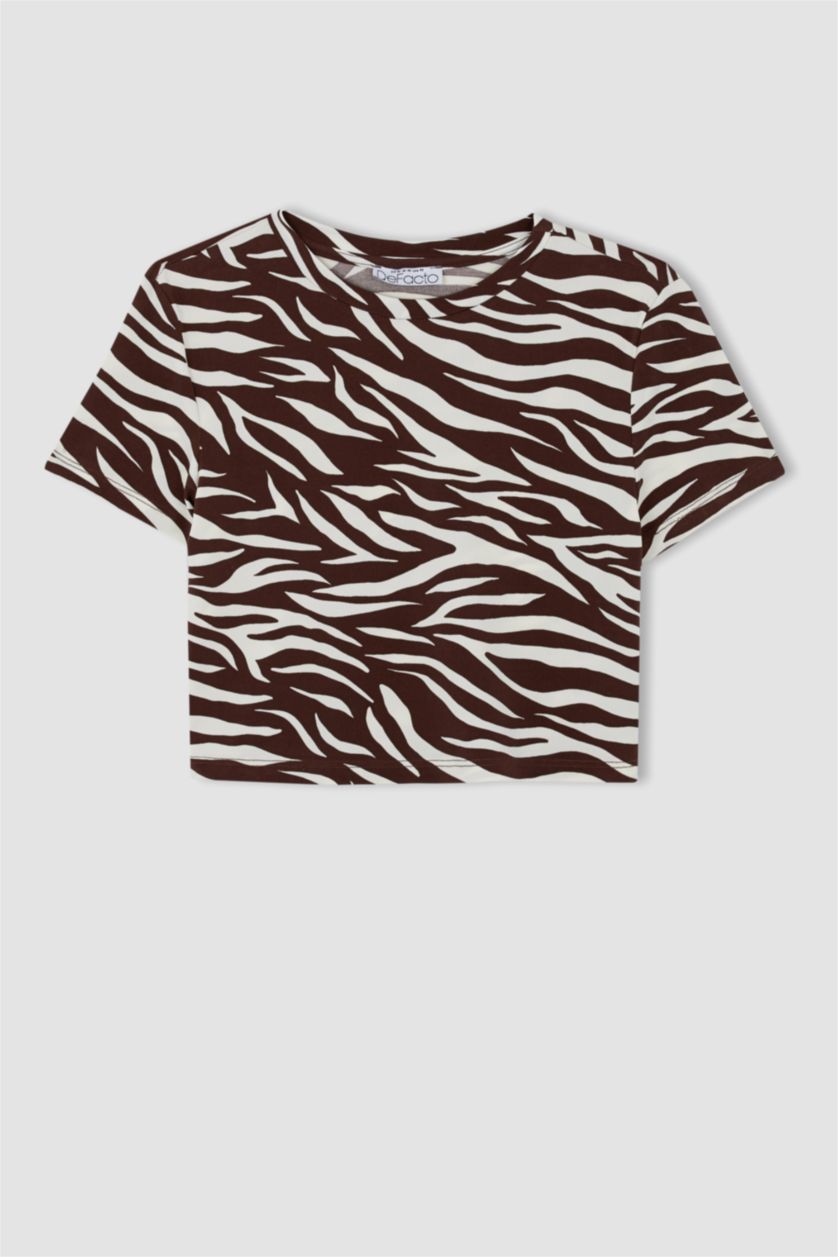 WOMAN Brown Slim Fit Crew Neck Zebra Patterned Short Sleeve Crop T-Shirt